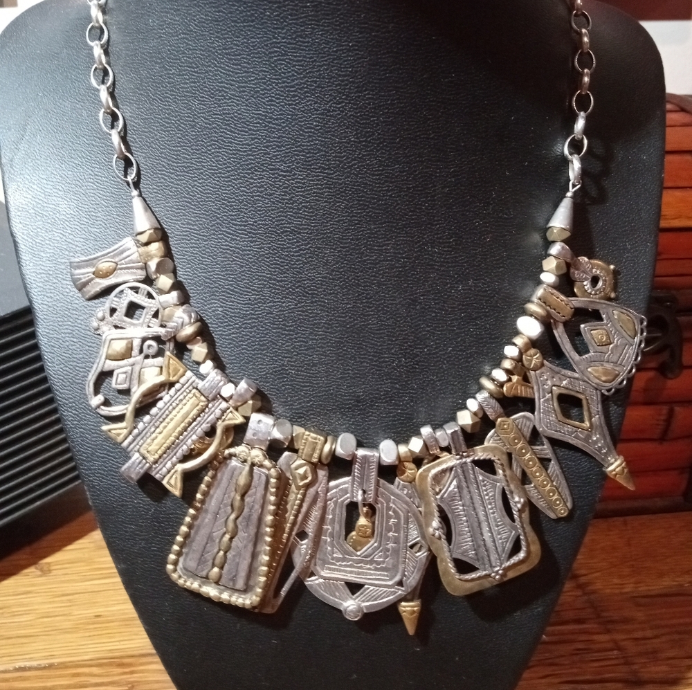 Two-Tone Tribal Statement Necklace - Silver & Gold Accent